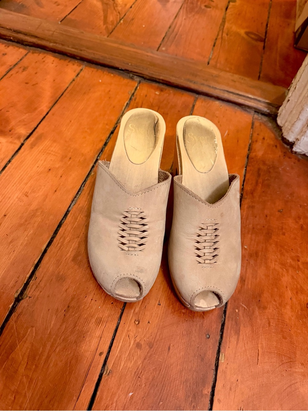 Sven Taupe Suede Peep-Toe Wood Clog Mules